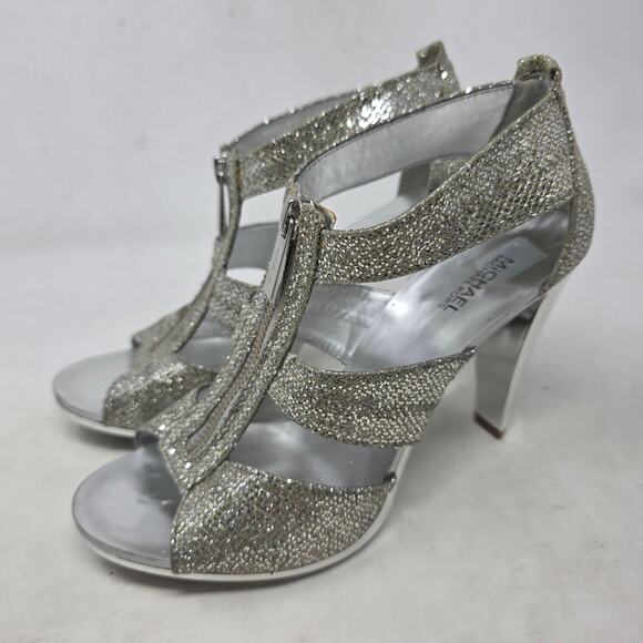 Michael Kors Silver Glitter T-Strap High Heel Sandals Womens Size 7 - Picture 1 of 8